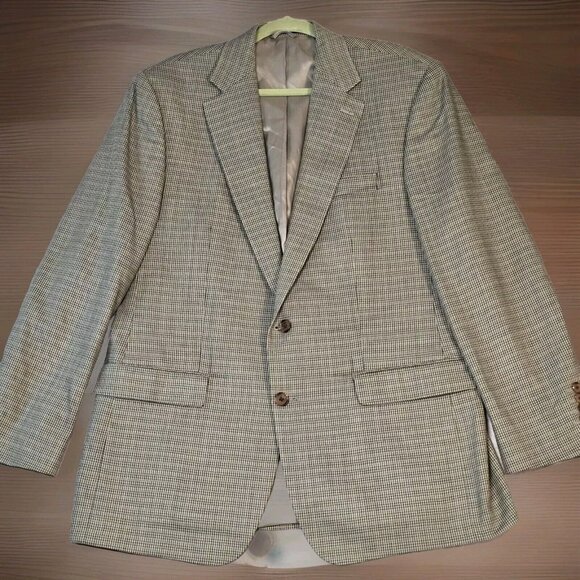 Men's RALPH LAUREN camel Tan Blue Brown Houndstooth Silk Wool Blazer Jacket 44L